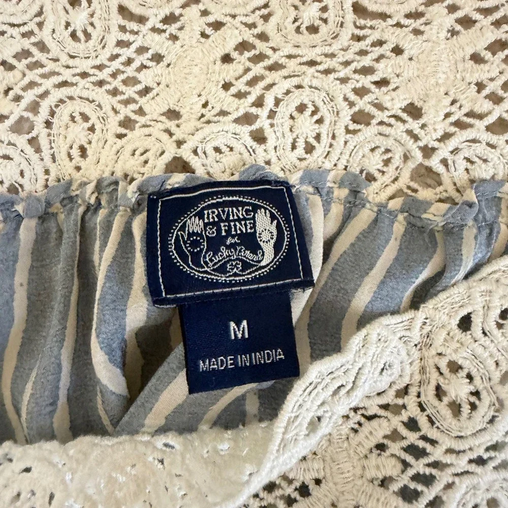 Lucky Brand Silk Camisole Top Blue‎ White Stripe Crochet Lace Coastal Babydoll